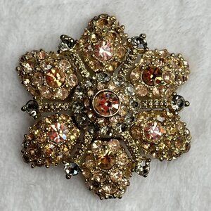 Vintage Grey & peach crystal rhinestone flower Brooch High End Gold Plate